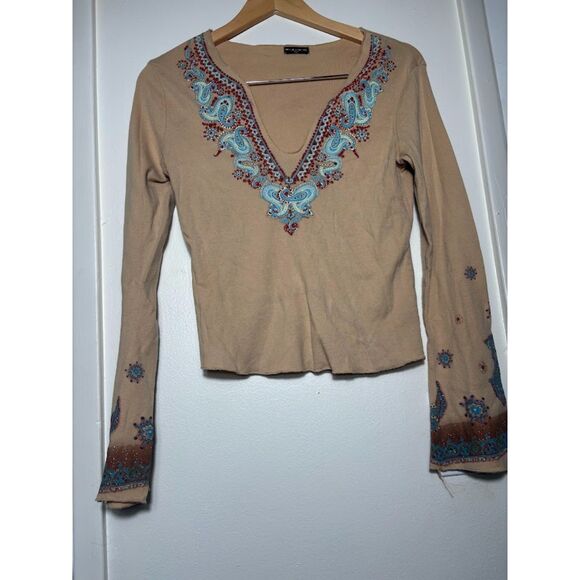 FANG y2k blouse t shirt long sleeve brown boho beaded western southwestern large - Picture 2 of 4